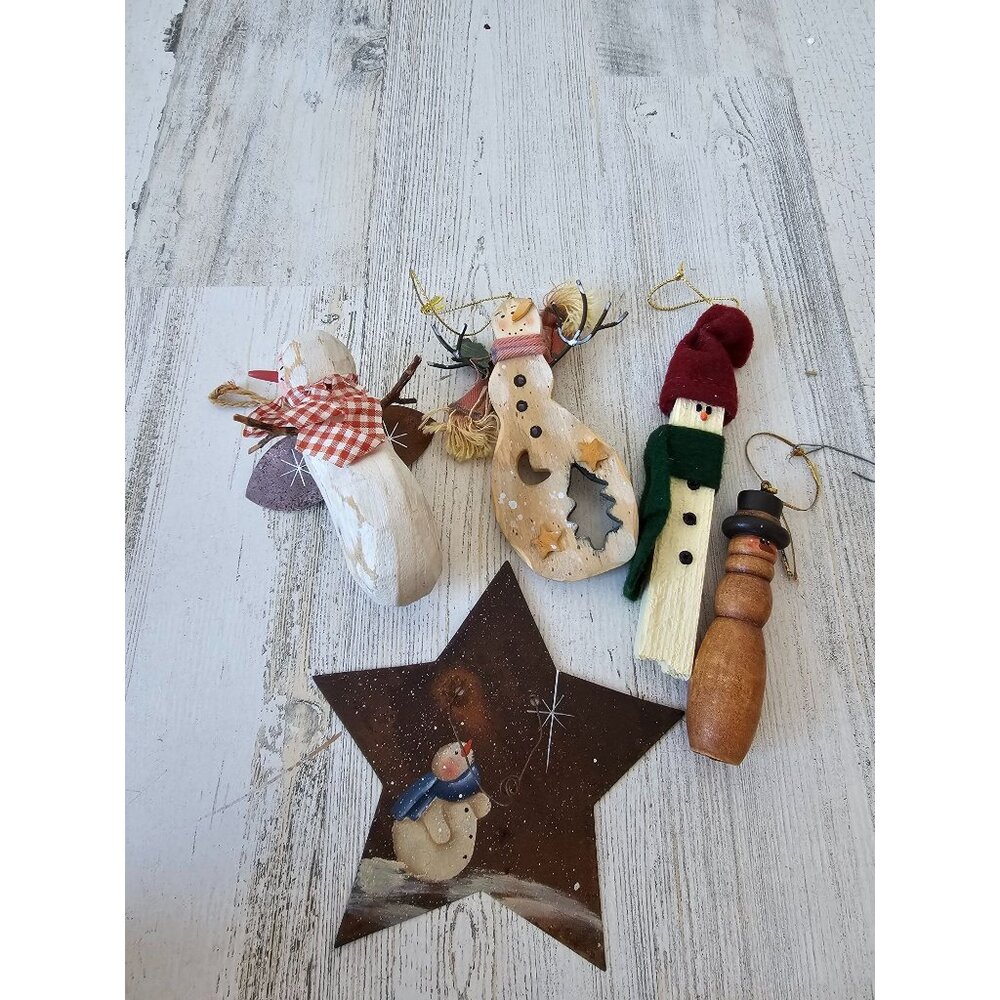 Snowman star wooden ornament set country folk art unique Xmas‎ tree